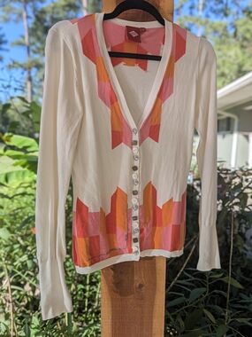 Oilily Cream Button-Down Cardigan with Pink & Orange Geo Pattern